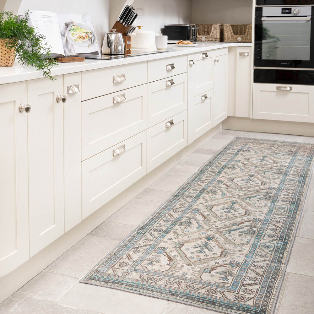 Kukoon Beige and Grey Traditional Bordered Medallion Rug 240 x 60cm Image 2