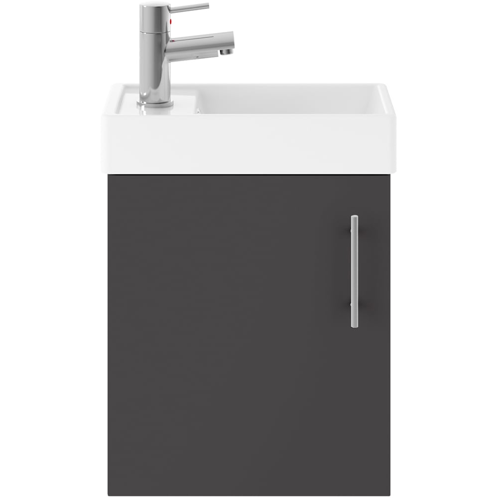 nuie Vault Single Door Gloss Grey Mist Wall Hung Vanity Unit and 1 Tap Hole Ceramic Basin 400mm Image 1