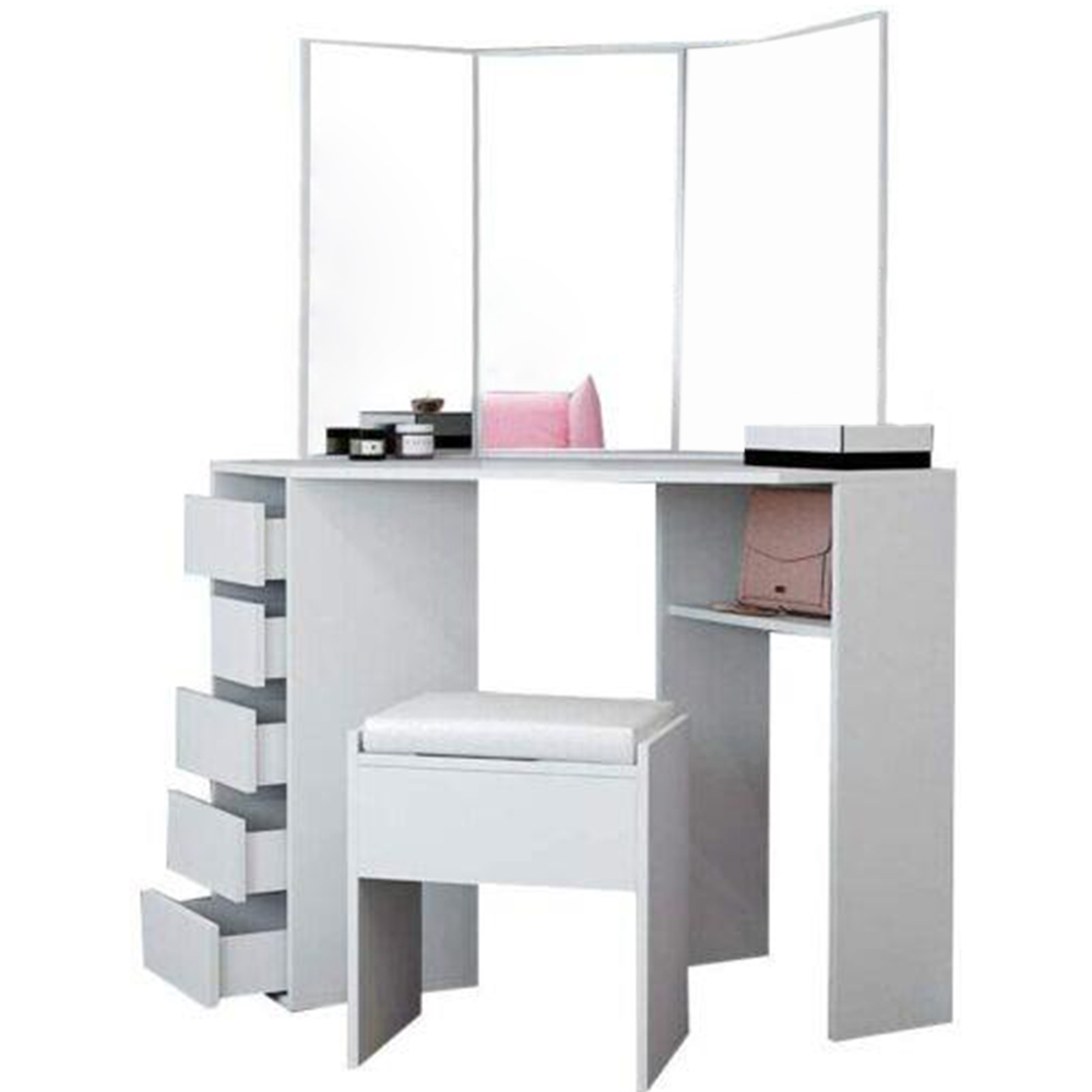 Portland 5 Drawer White Corner Dressing Table Set with Mirror Image 4
