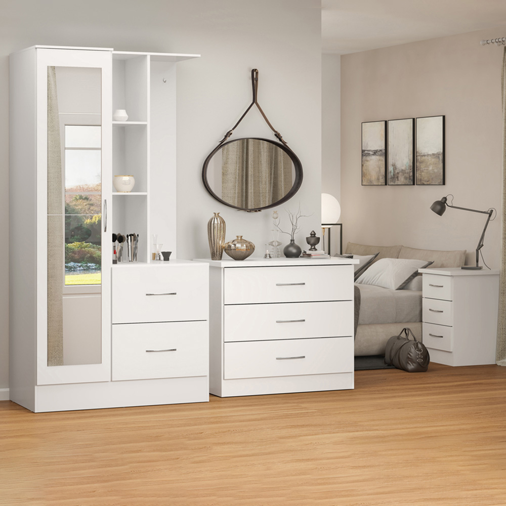 Seconique Nevada Single Door 2 Drawer Gloss White Mirror Open Shelf Wardrobe Image 6