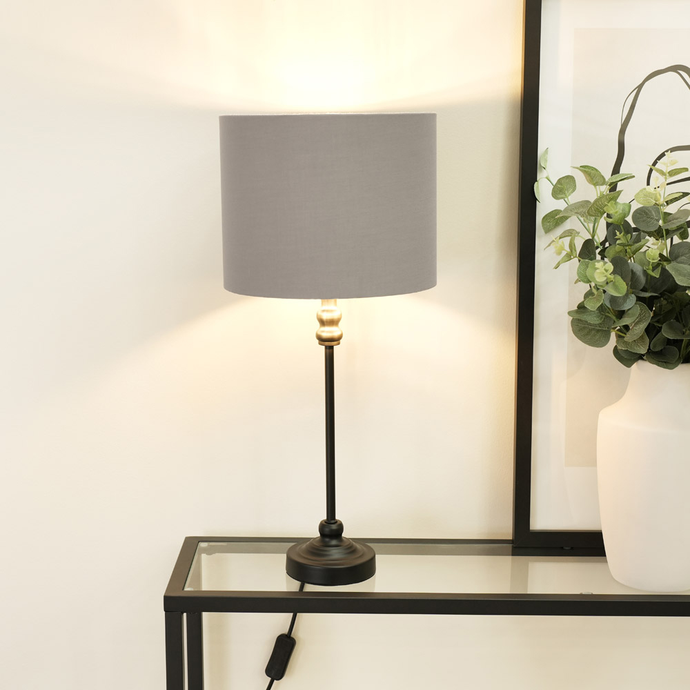 ValueLights Maggie Grey and Metallic Chrome Shade Black Candlestick Table Lamp Image 2