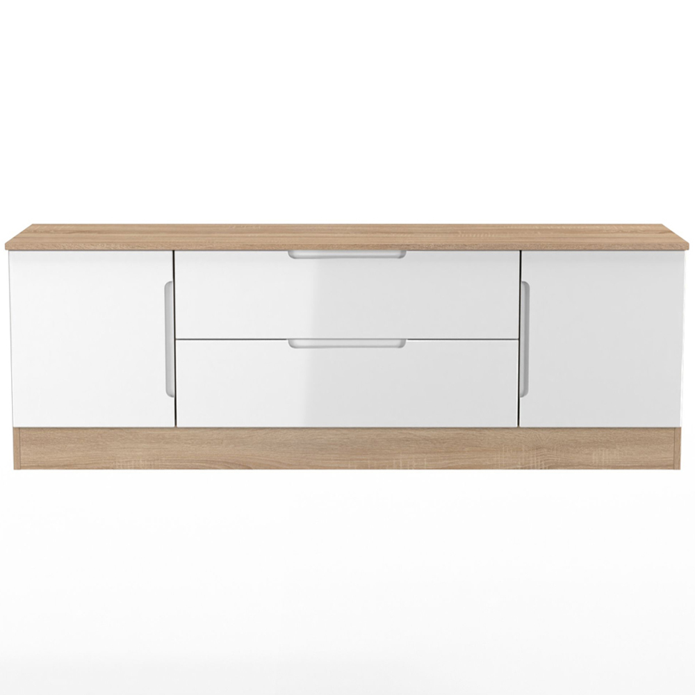 Crowndale Milan 2 Door 2 Drawer White Gloss and Bardolino Oak Wide TV Unit Ready Assembled Image 2