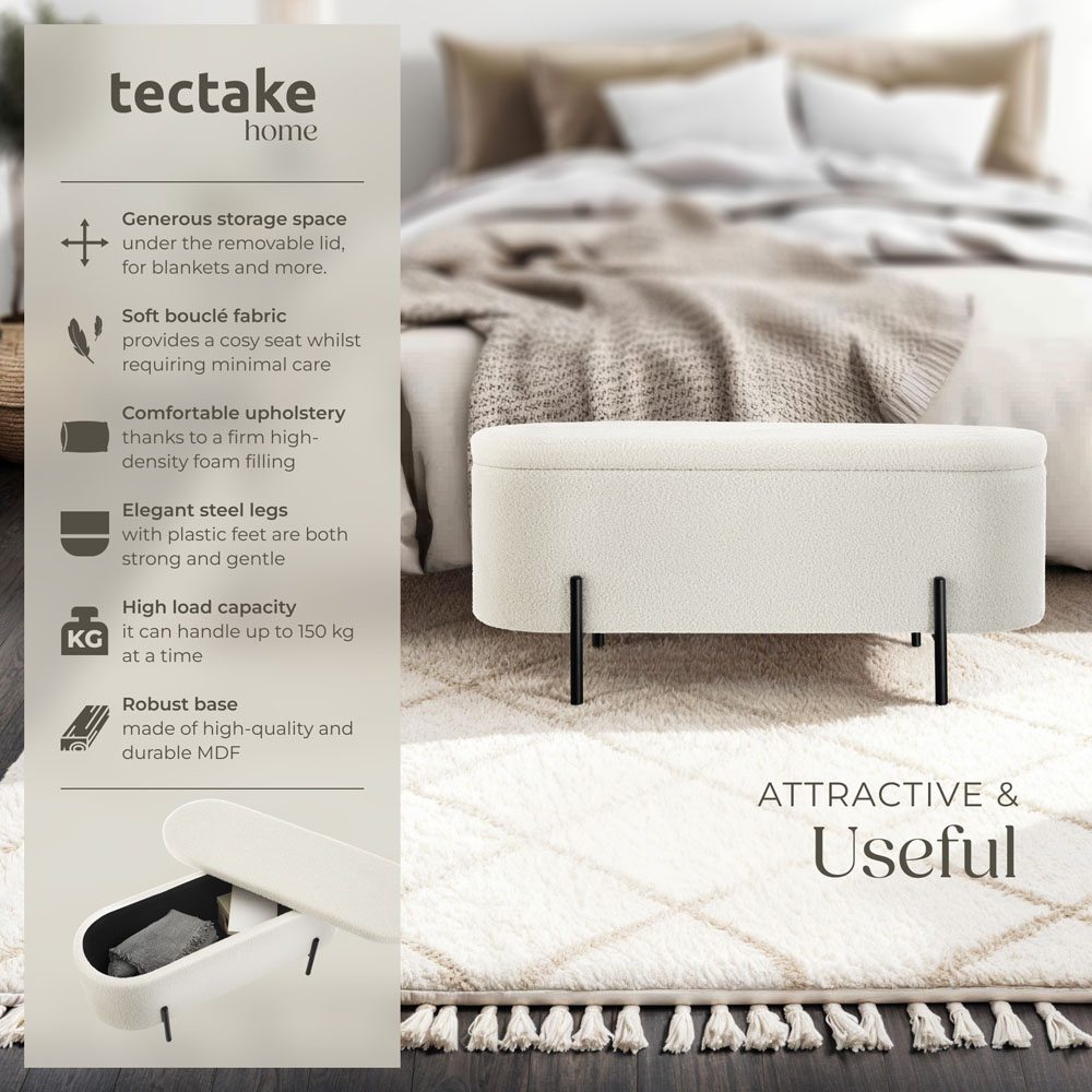 Tectake Lanja 2 Seater Cream Upholstered Storage Bench Image 7