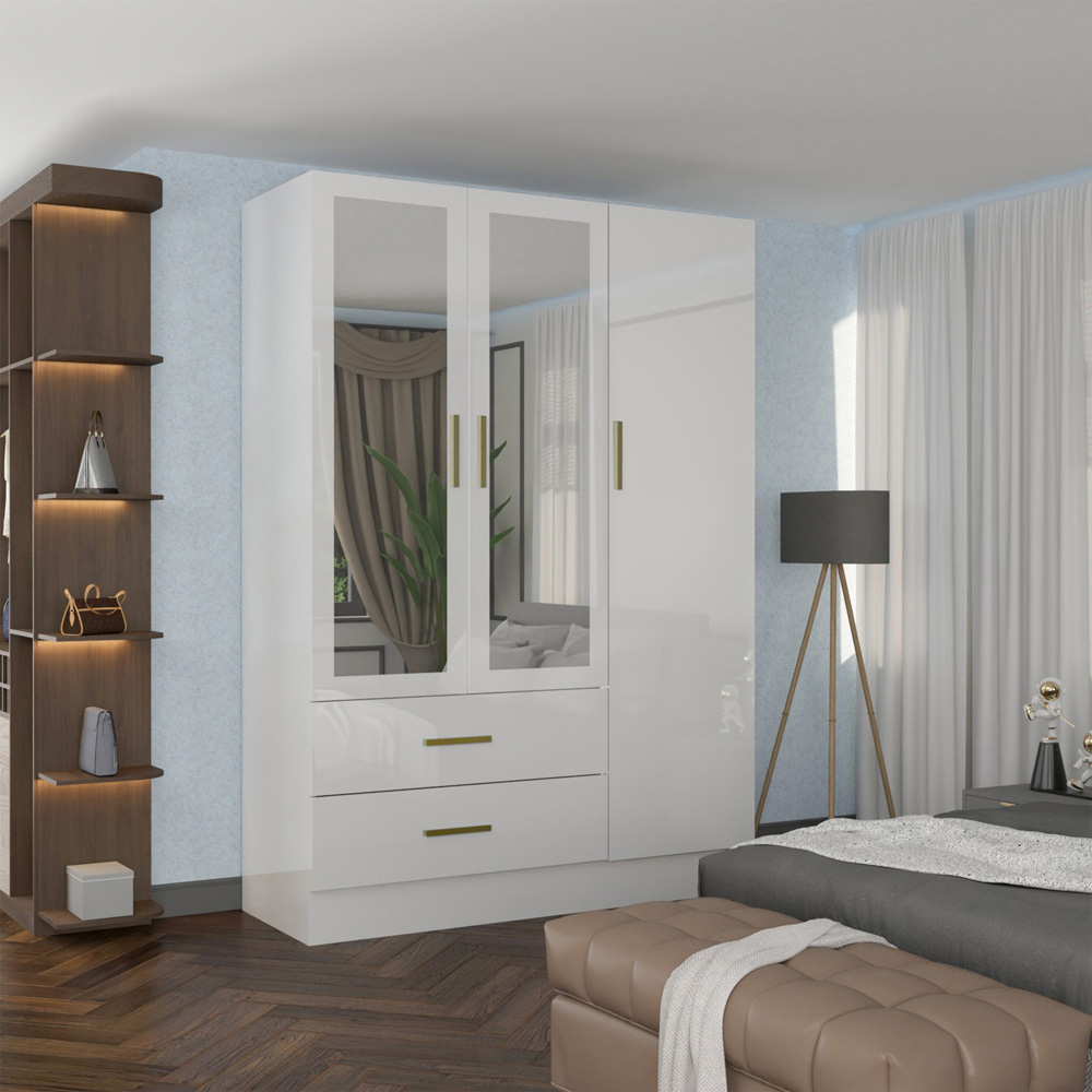Sliding Wardrobes 4U XD2 3 Door 2 Drawer White High Gloss Gold Handle Mirror Wardrobe Image 5