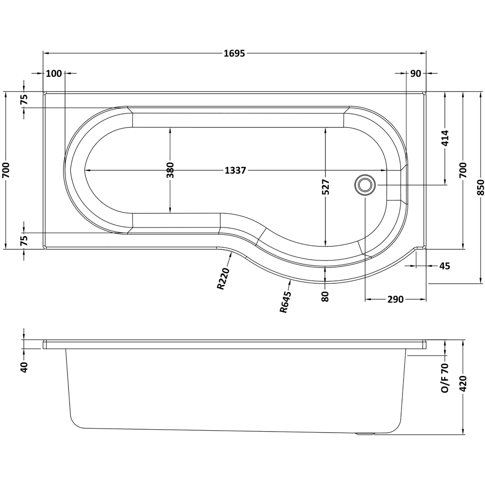 nuie 1700mm Right Hand P-Bath with Panel and Chrome Screen Image 2