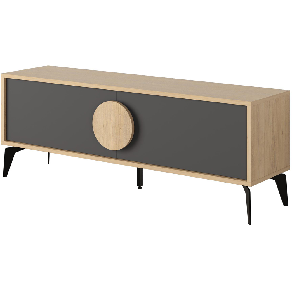 Decortie Gora 2 Door Oak and Silky Black TV Unit with Circle Handle Image 2