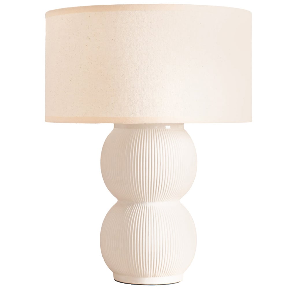 ValueLights Gemma Cream Trim Shade Linen with Stacked Ribbed Cream Glazed LED Table Lamp Image 1