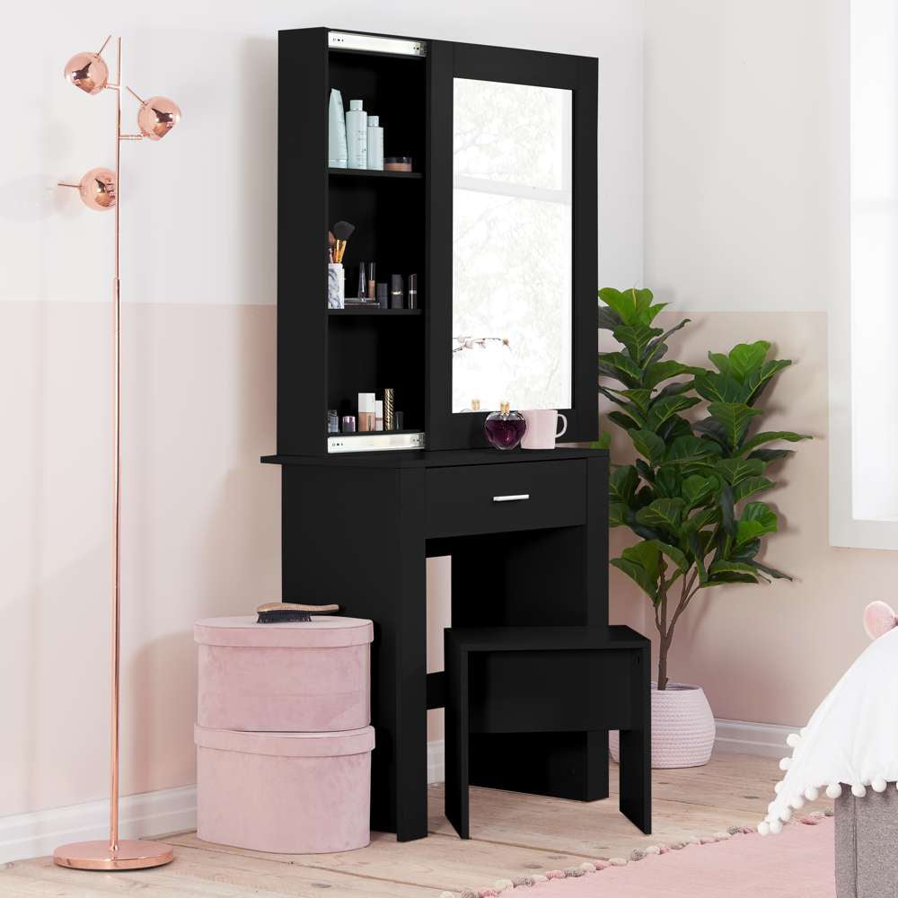 Evelyn Single Drawer Black Dressing Table Set with Sliding Mirror Image 8