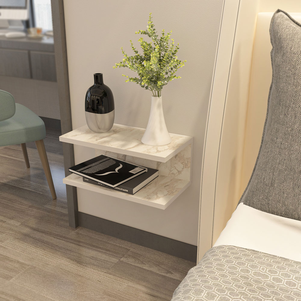 Decorotika Ramira 2 Shelf White Marble Effect Floating Bedside Table Image 3
