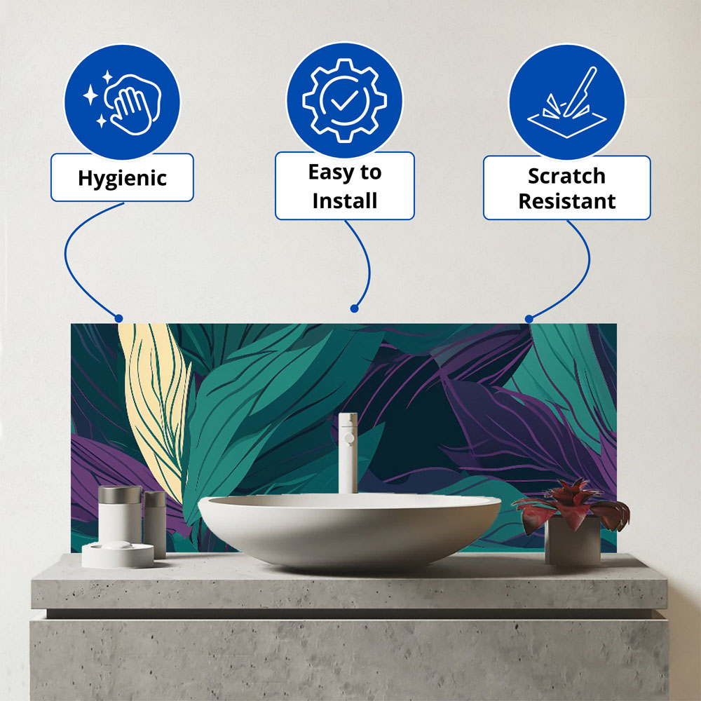 Warren Reed Designer Green and Purple Tropical Leaves Glass Bathroom Splashback 25 x 60cm Image 3