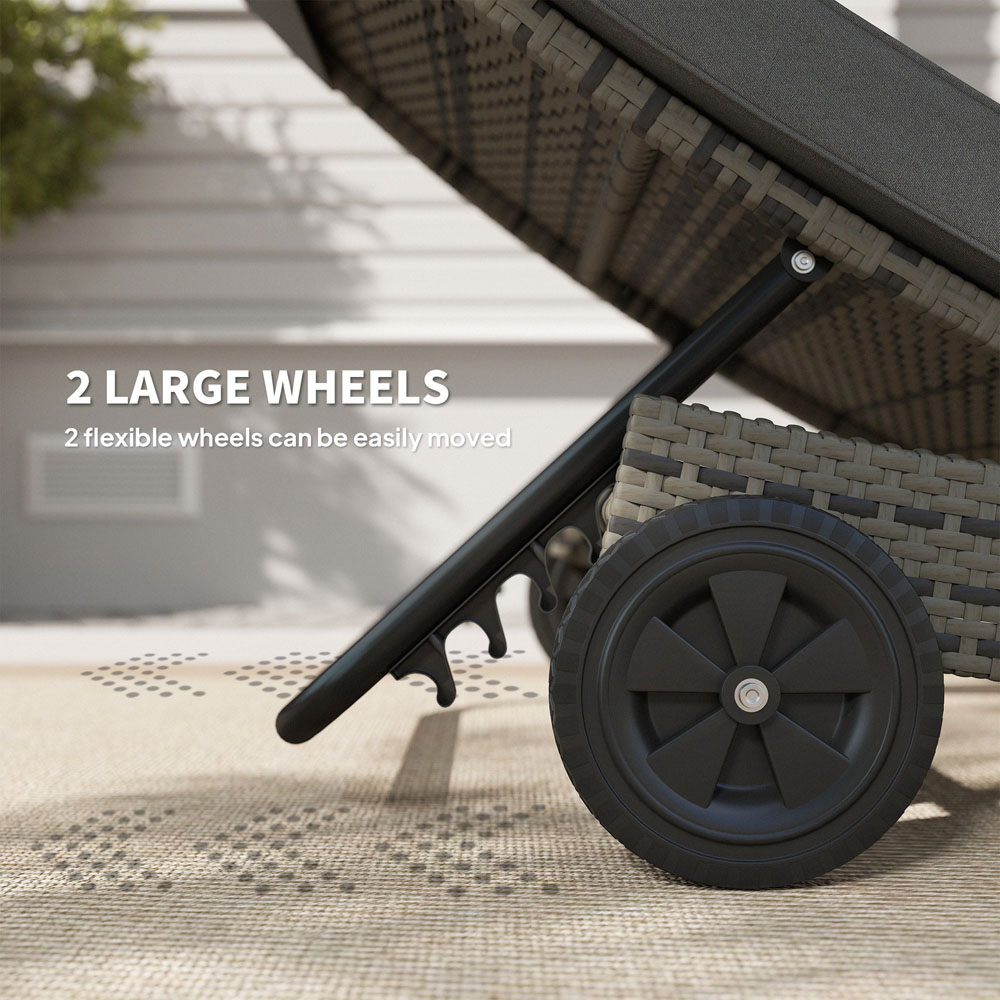 Outsunny Dark Grey Rattan Reclining Back Sun Lounger with Wheels Image 7