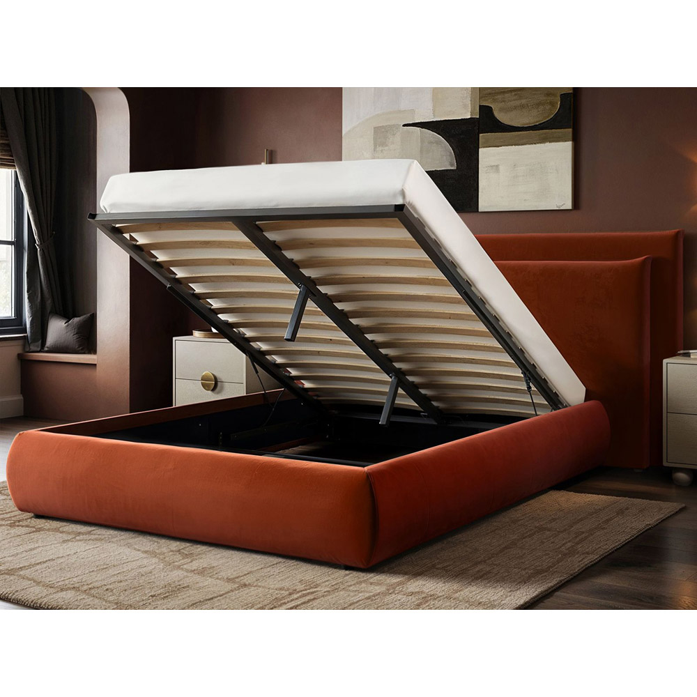 Solace+Co Sigrid Double Burnt Orange Velvet Ottoman Storage Bed Image 4