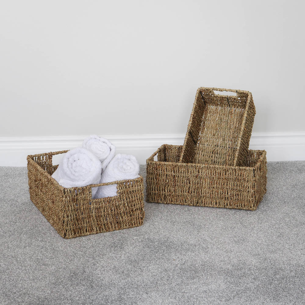 JVL Seagrass Rectangular Storage Baskets with Handles 3 Pack Image 7