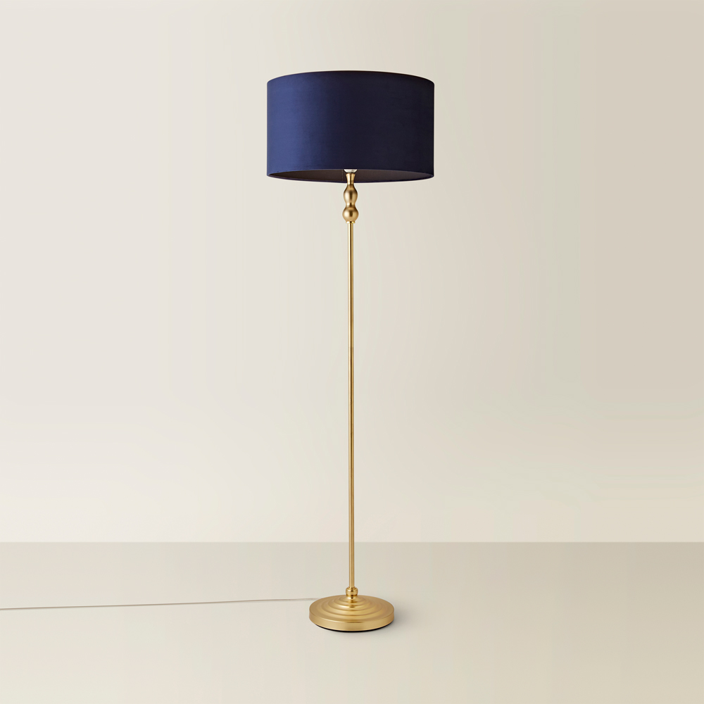 ValueLights Maggie Navy Blue Velvet and Gold Drum Shade Candlestick LED Floor Lamp Image 5