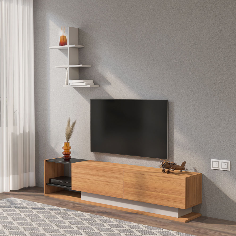 Decorotika Liza 2 Door 2 Shelf Teak Black and White TV Unit with Wall Shelf Image 6