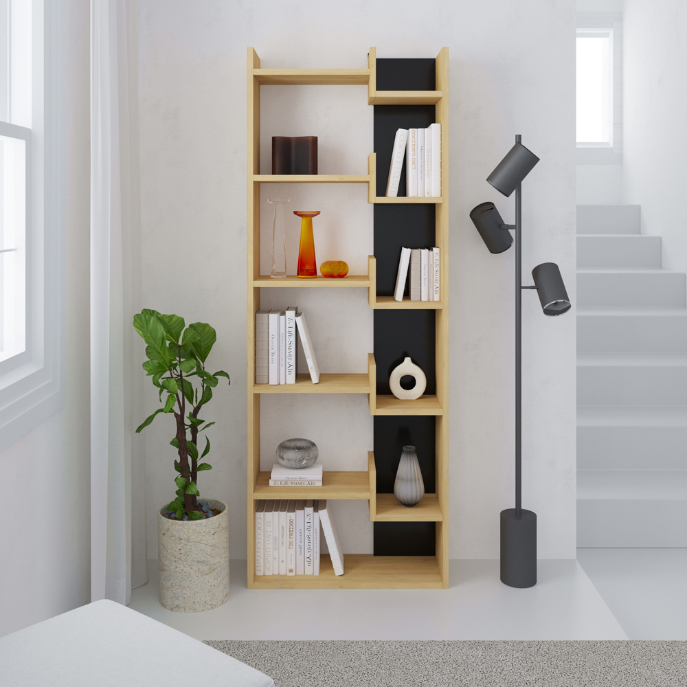Decortie Oppa 8 Tier Oak and Black Zigzag Shelf Bookcase Image 4