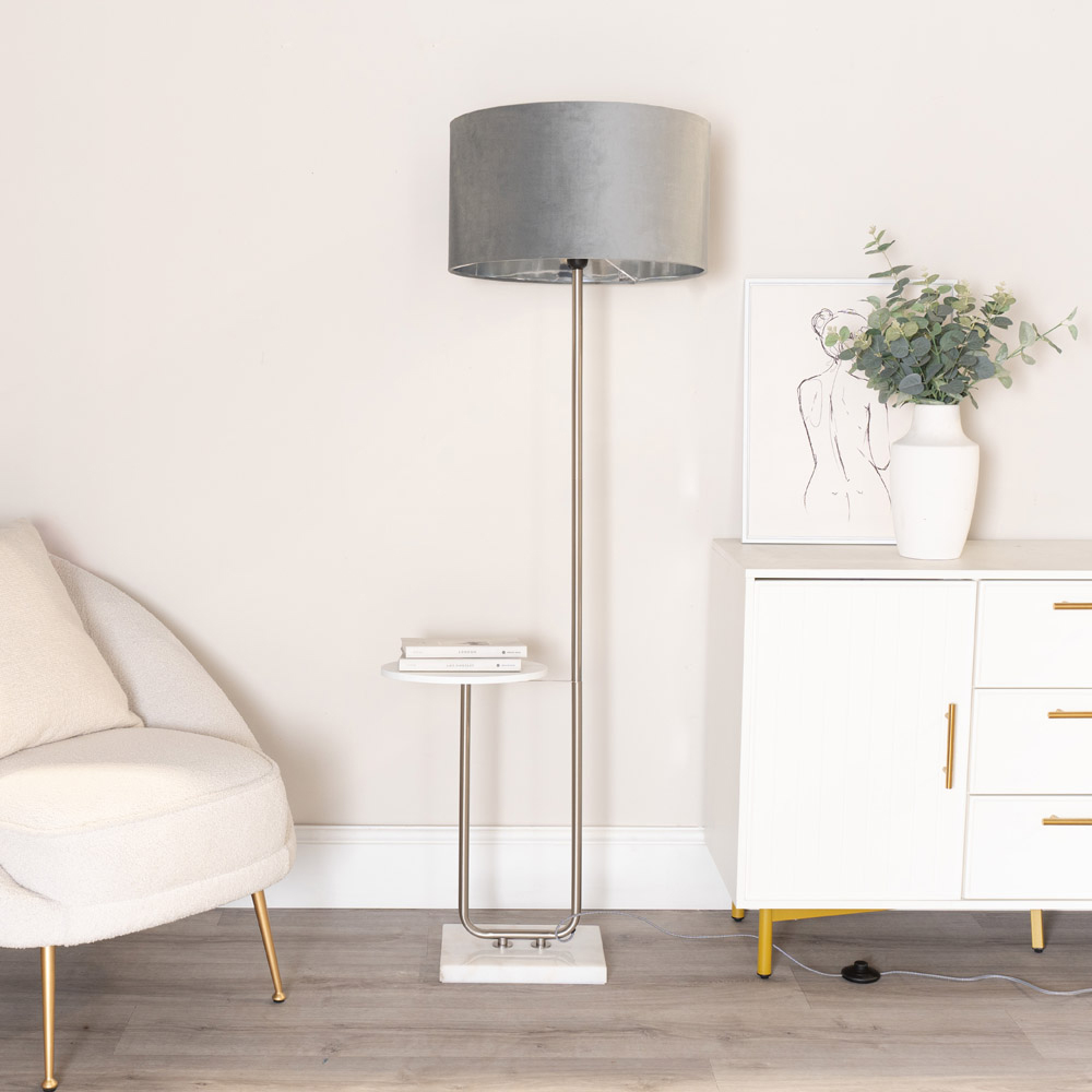 ValueLights Tavel Chrome LED Floor Lamp Table with Grey and Chrome Velvet Lamp Shade Image 2