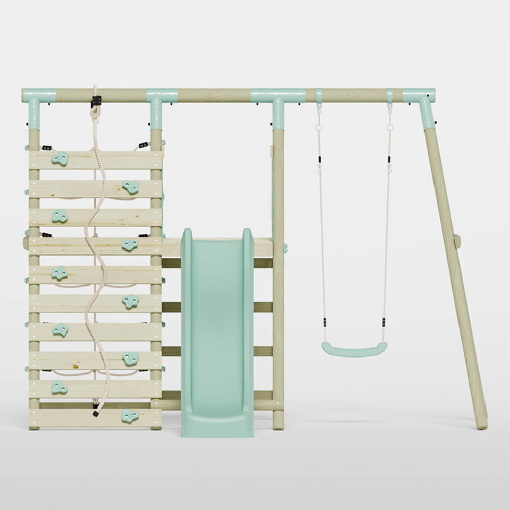 Mercia Wooden Round Pole Single Swing Set with Climbing Wall and Slide Image 3