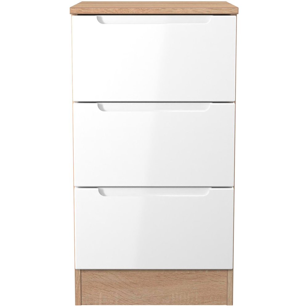 Crowndale Milan 3 Drawer White Gloss and Bardolino Oak Bedside Cabinet Ready Assembled Image 3