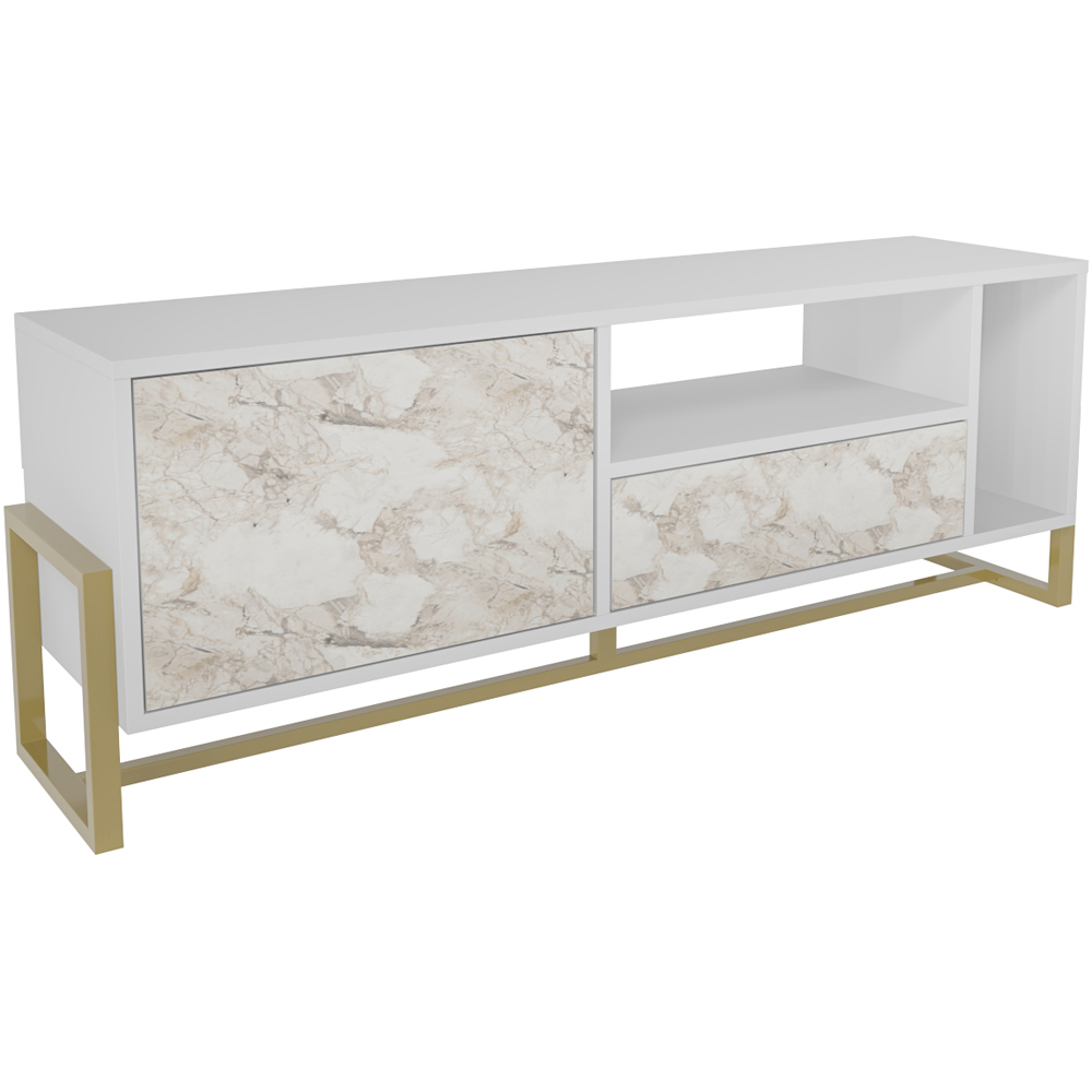Decorotika Utopie Single Drawer Single Door 2 Shelf White and White Marble Effect TV Unit Image 2