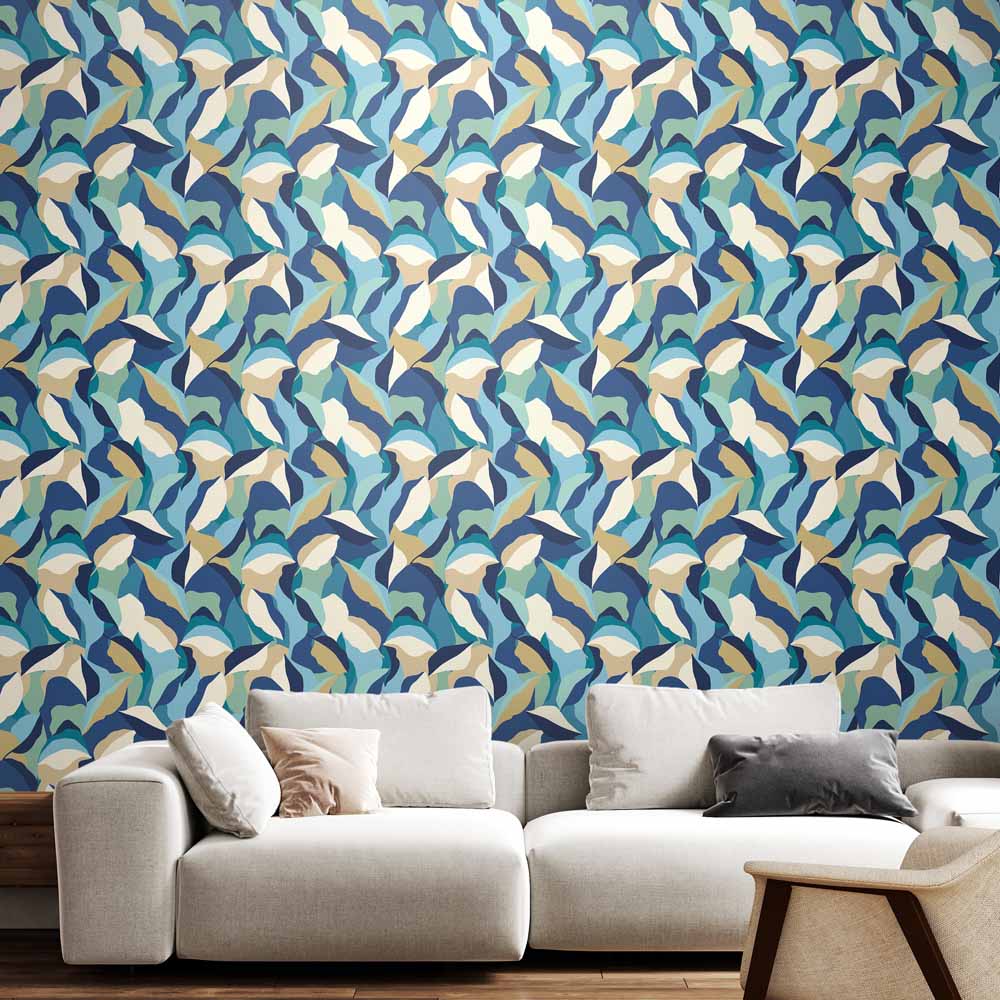 Hoopla Walls Leafy Patchwork Indigo Mix Non Woven Wallpaper Image 2