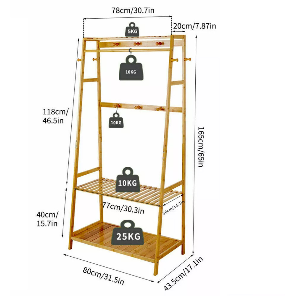 Modcraft 2 Shelf 10 Hooks Bamboo Clothes Rail Rack Image 2