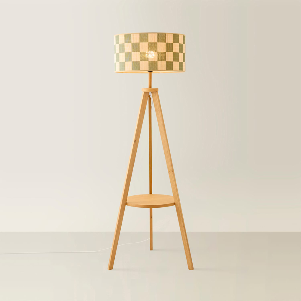 ValueLights Morrigan Mid Wood Tripod Floor Lamp with Green Check Bamboo Shade and Bulb Image 3