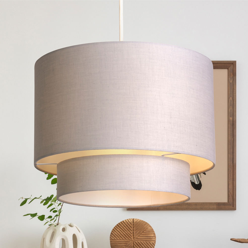 Lighting Collection Alina Light 2 Tier Grey Cotton Drum Ceiling Shade Image 2