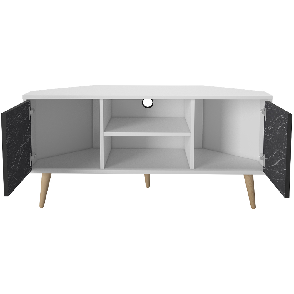 Decorotika Lesson 2 Door 2 Shelf White and Black Marble Effect Corner TV Stand Image 5