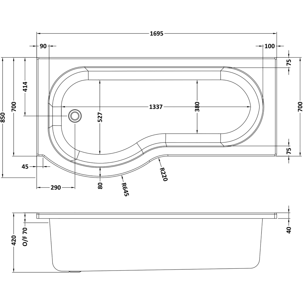 nuie 1700mm Left Hand P-Bath with Panel and Chrome Screen Image 2