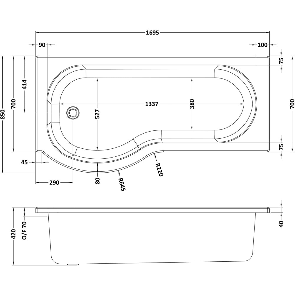 nuie 1700mm Left Hand P-Bath with Panel and Black Screen Image 2