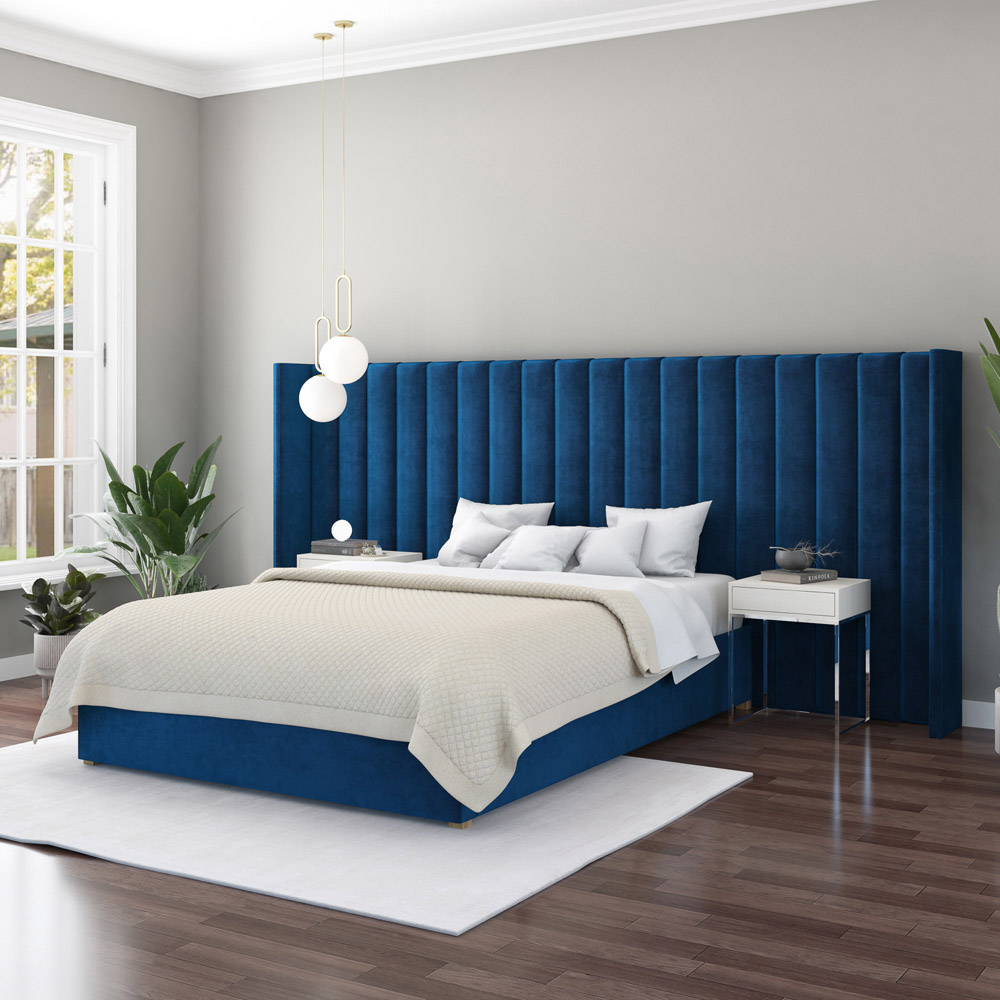 Aspire Furniture Grandeur Navy Plush Velvet Wing Headboard Image 2