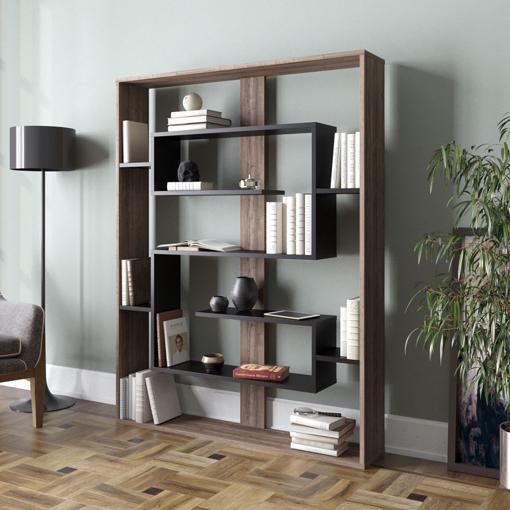 Decorotika Esteban 10 Shelf Walnut and Black Geometric Bookcase Image 4