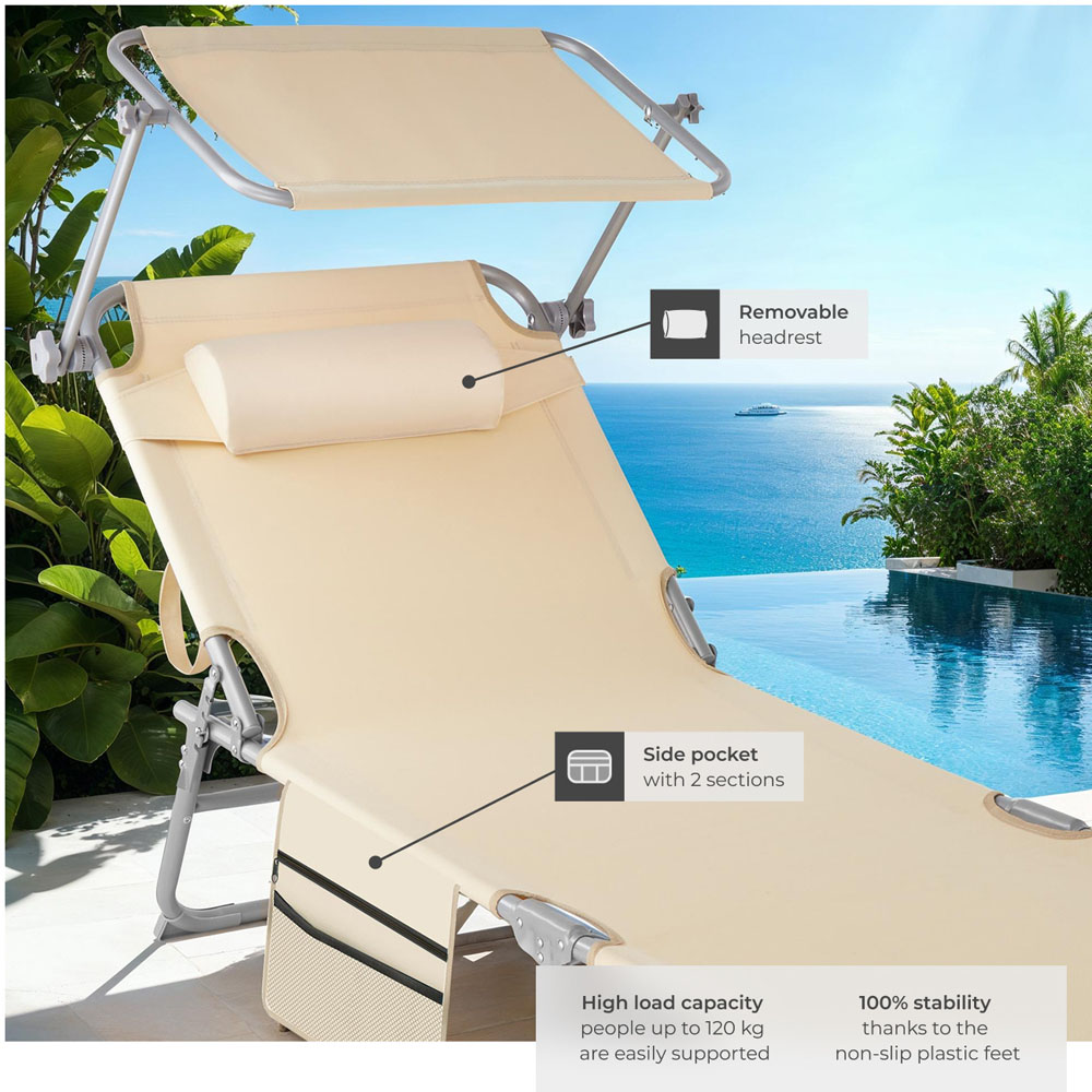 tectake Beige Foldable Sun Lounger with Sun Canopy Image 4