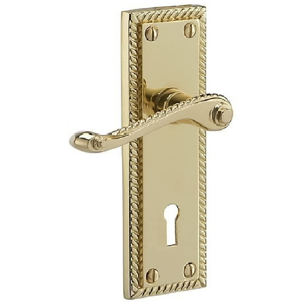 Golden Grace Polished Brass Georgian Scroll Lever Lock Door Handle Pair 150 x 48mm Image 2