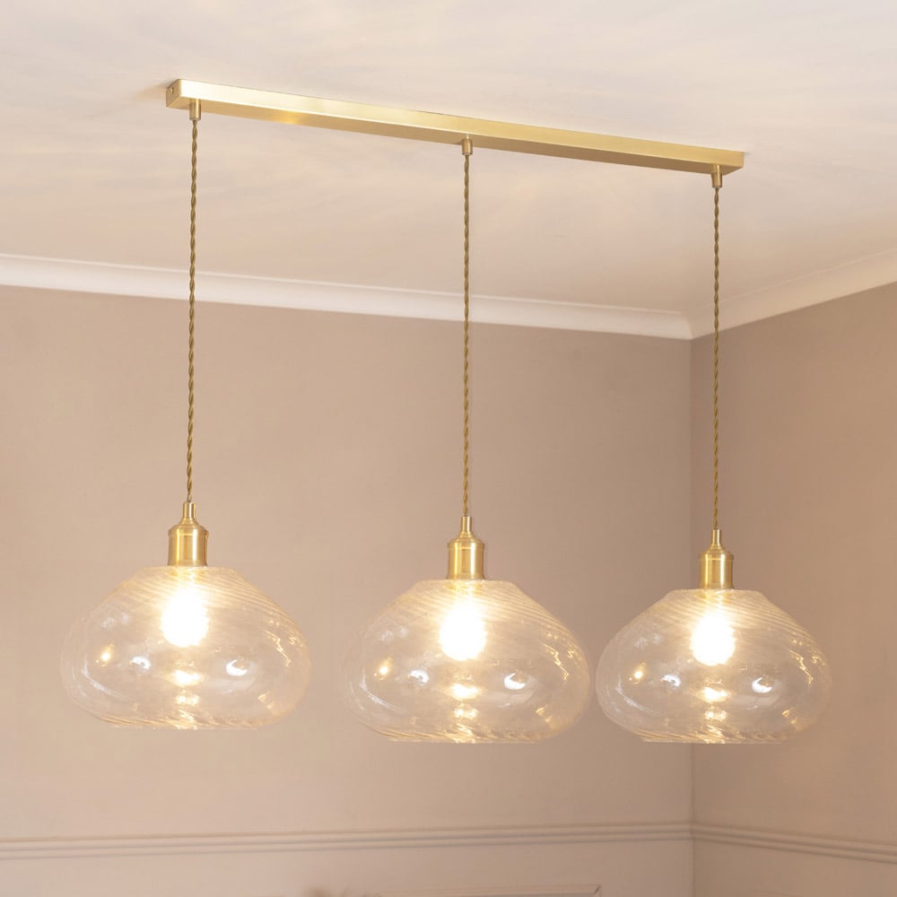ValueLights Corinne Twill Glass 3 Drop Brushed Gold Diner LED Ceiling Pendant Light Image 2