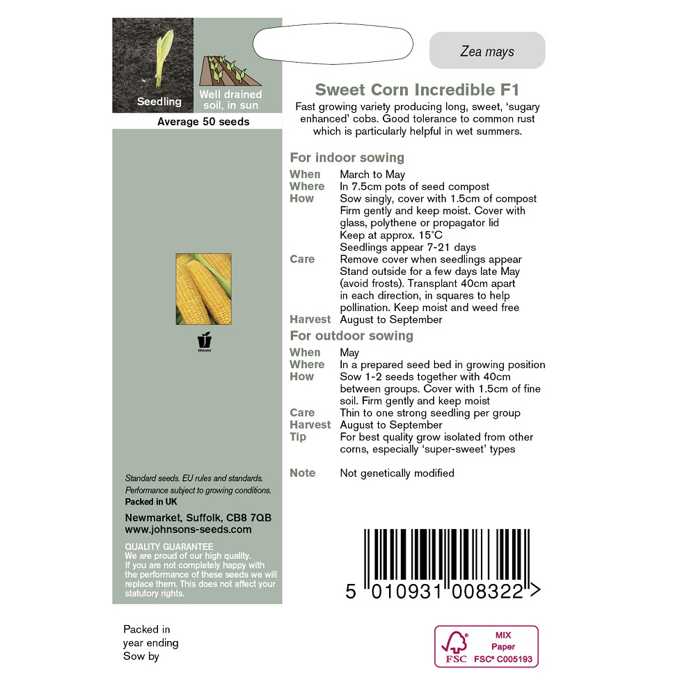 Johnsons Earlibird F1 Sweet Corn Seeds Image 2
