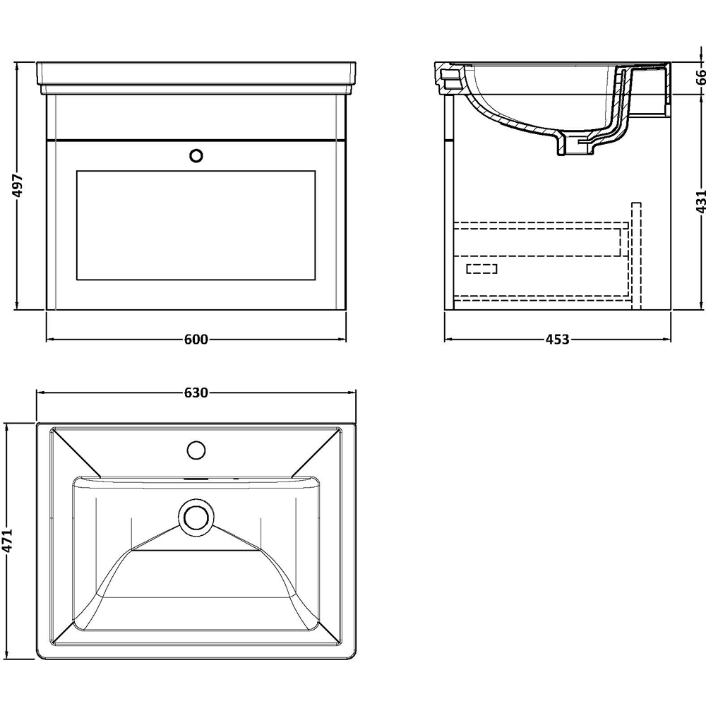 nuie Classique 1 Drawer Satin White Wall Hung Vanity Unit and 1 Tap Hole Fireclay Basin 600mm Image 2