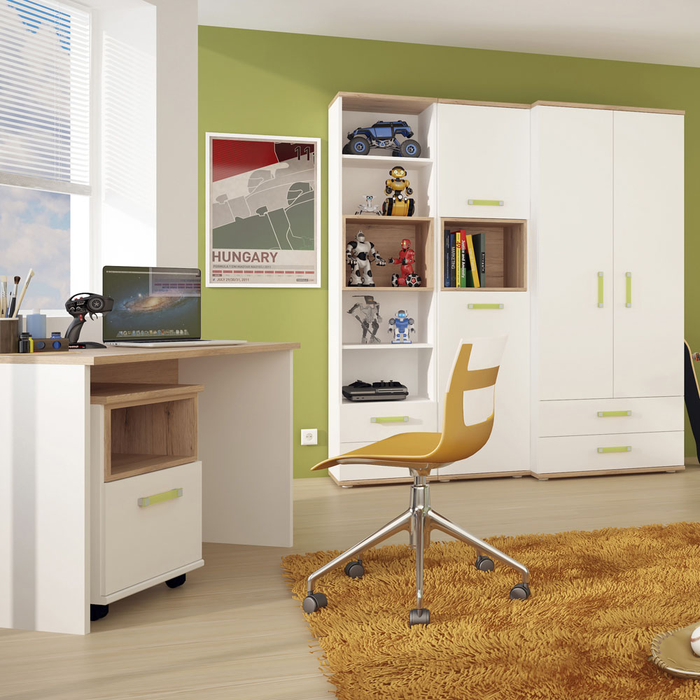Florence 4Kids 2 Drawer 5 Shelf Oak and White Tall Bookcase with Lemon Handle Image 4