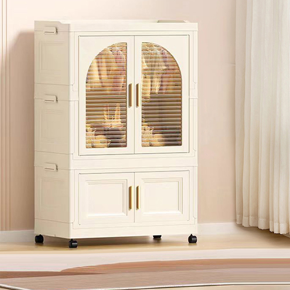 Living and Home 4 Door Cream and White Plastic Foldable Nursery Wardrobe with Wheels Image 7
