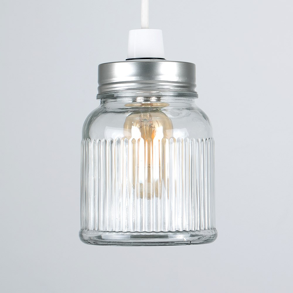 ValueLights Ribbed Glass Jar Brushed Chrome Pendant Lamp Shade Image 2