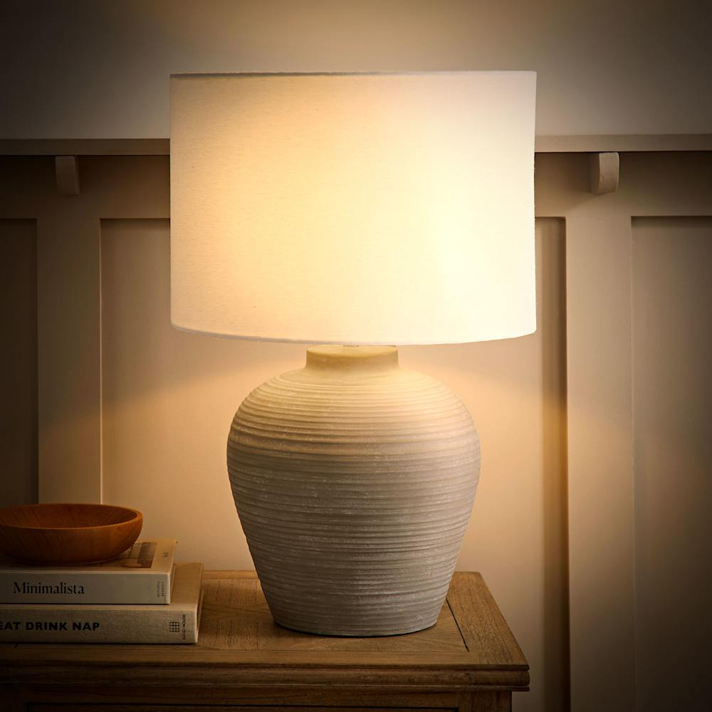 ValueLights Reid Linen Drum Lamp Shade Stone Grey Ribbed Ceramic Large LED Table Lamp Image 6