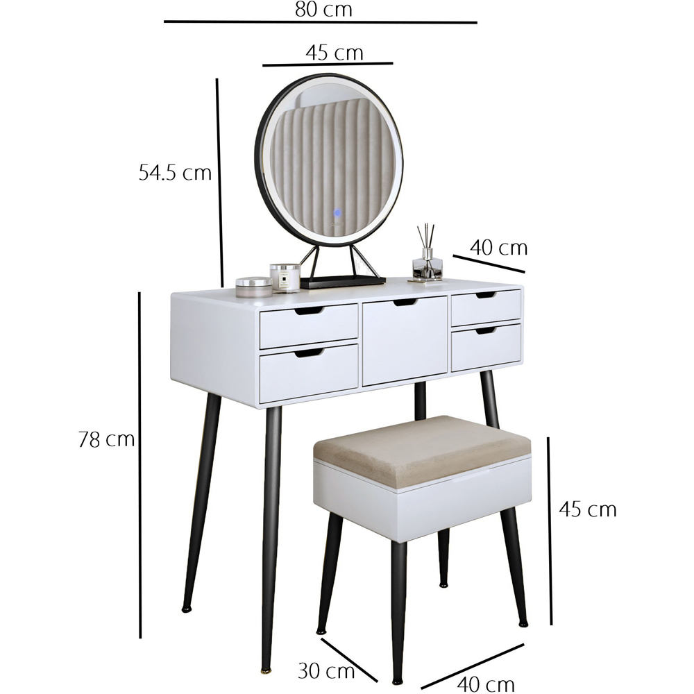 CARME Home Gabriella 5 Drawer White and Black Dressing Table Set with LED Mirror Image 7