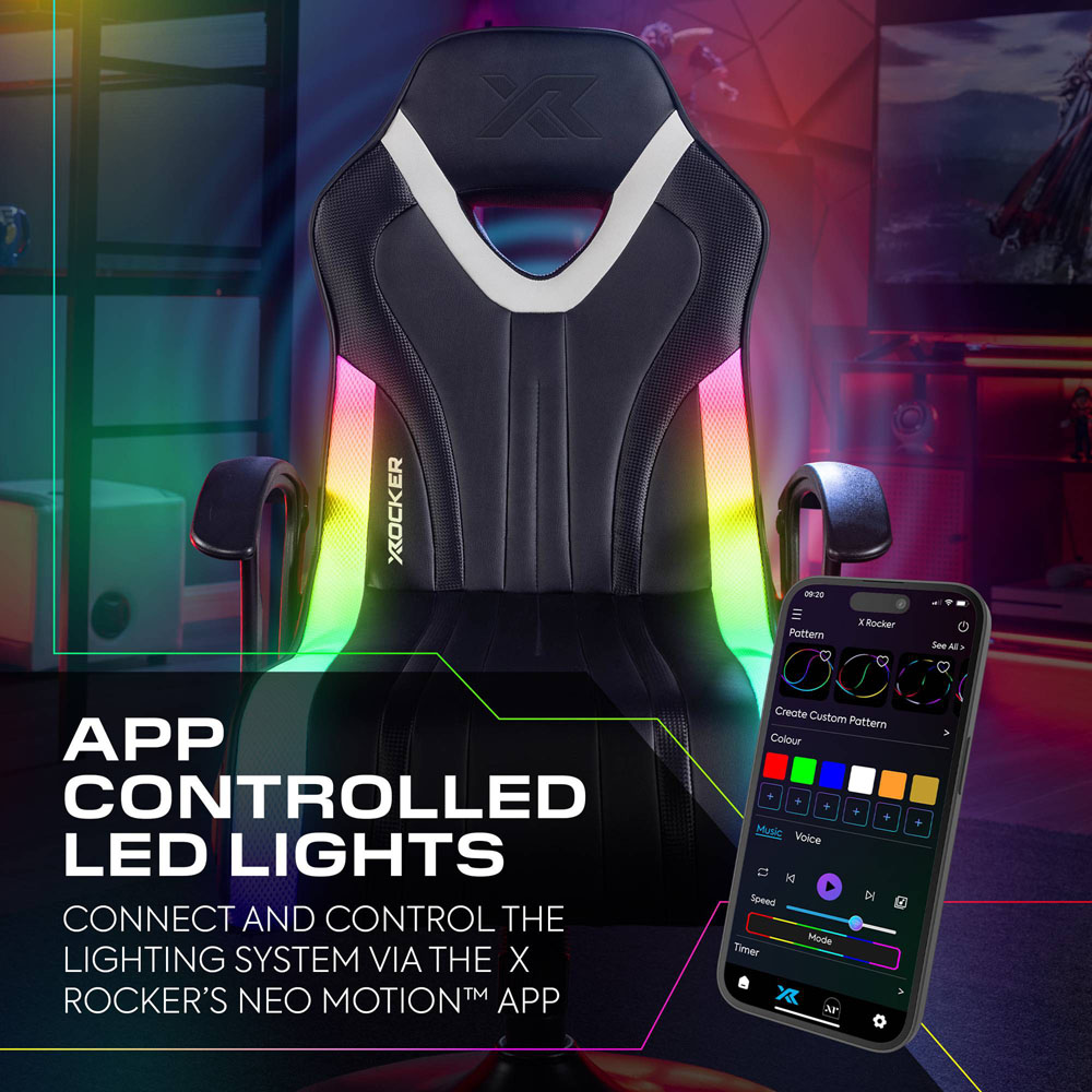 X Rocker Fury Black and White RGB LED Stereo Audio Pedestal Gaming Chair with Neo Motion App Control Image 3