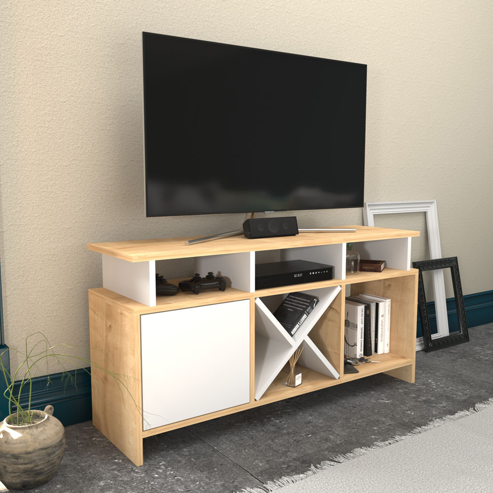 Decorotika Aurburn Single Door 8 Shelf Sapphire Oak and White TV Unit Image 5