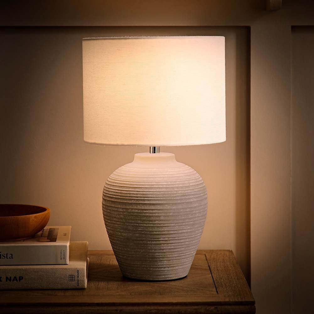 ValueLights Reid Linen Drum Lamp Shade Stone Grey Ribbed Ceramic Small LED Table Lamp Image 6