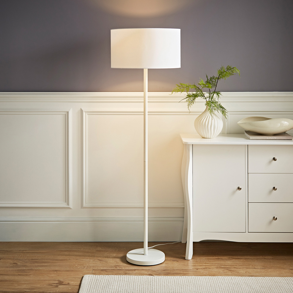 ValueLights Charlie Drum Shade White Floor Lamp and Bulb Image 2
