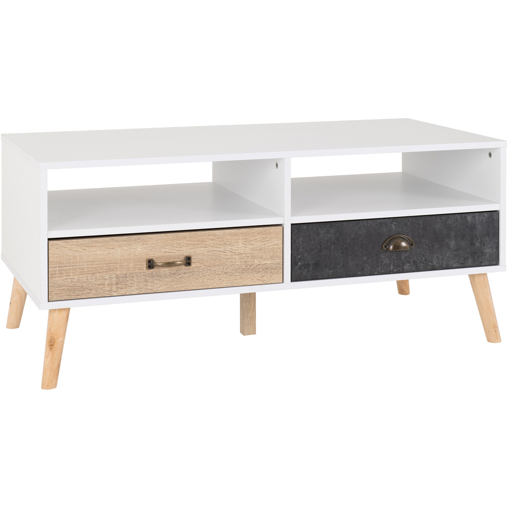 Seconique Nordic 2 Drawer 2 Shelf White Distressed Effect Coffee Table Image 2