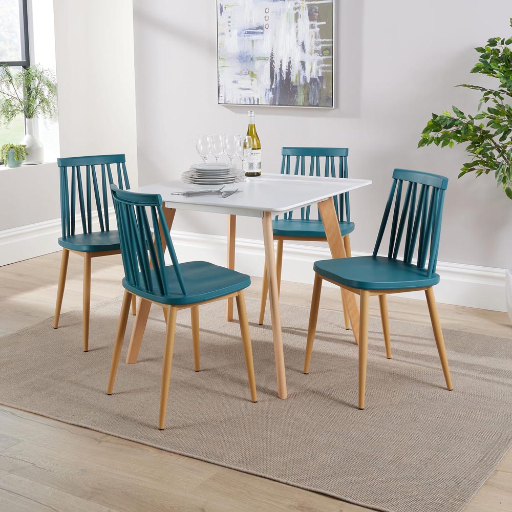 Home Source 4 Seater Geometric Pattern Dining Set White and Teal Image 6