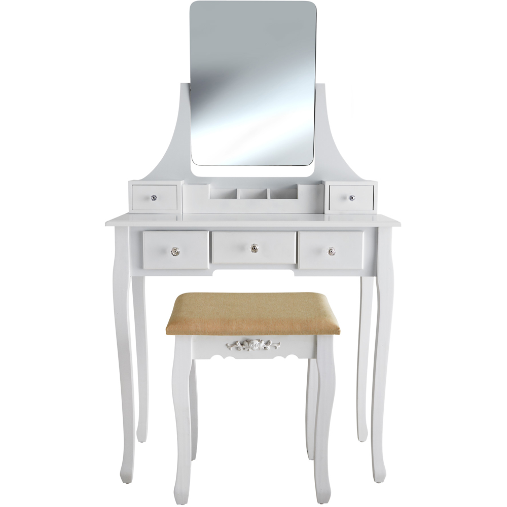 Tectake 5 Drawer White Dressing Table with Mirror and Padded Stool Image 3